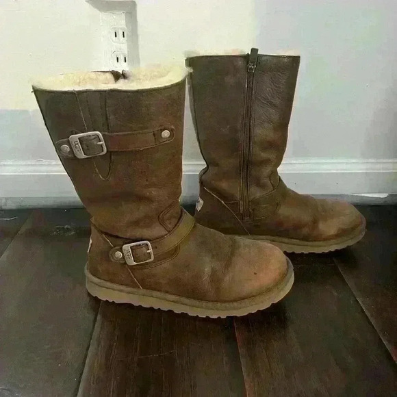 UGG KENSINGTON Zip Leather Sheepskin Winter Warm Boots sz 5 - Picture 1 of 7